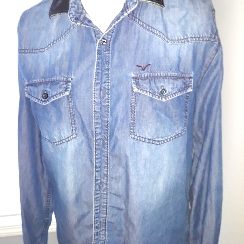Mufti denim shirt with leather (?) collar. Medium